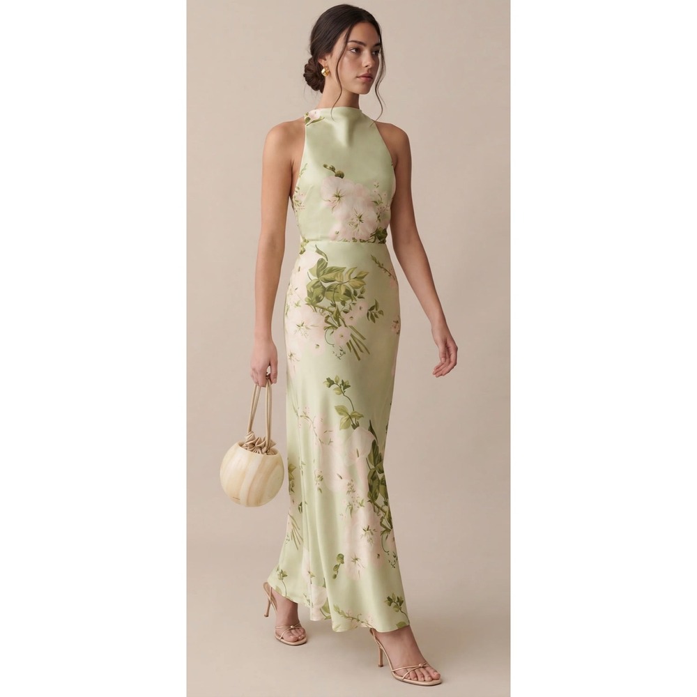 Few Moda o.p.t One Pretty Time Sage Green Floral Satin Maxi Dress Size S New